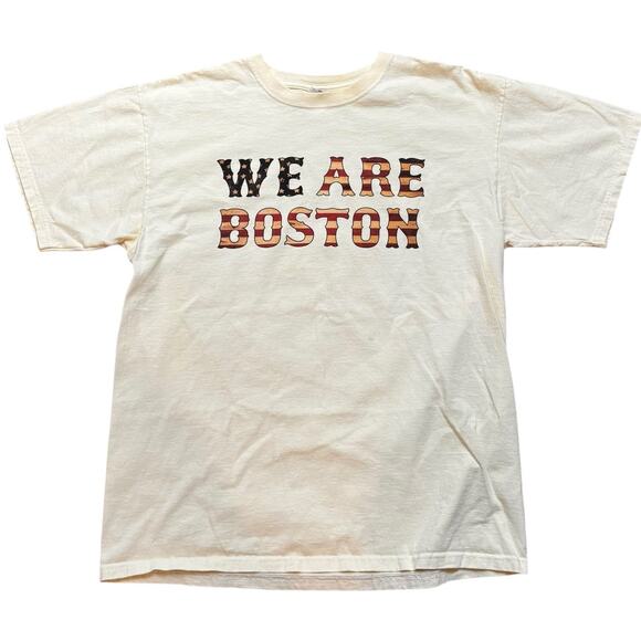 Vintage Y2K We Are Boston Tee US Flag Letters Yellow Tee Anvil Red Bar Tag Large - Picture 2 of 6